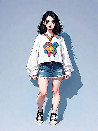 Woman in Casual Streetwear with Denim Skirt