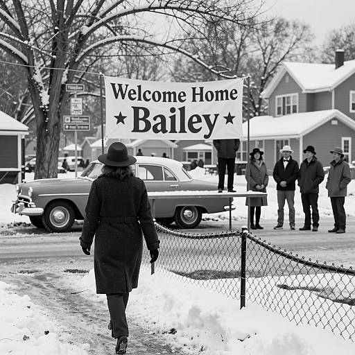 Welcome Home Banner in Snowy Winter Scene