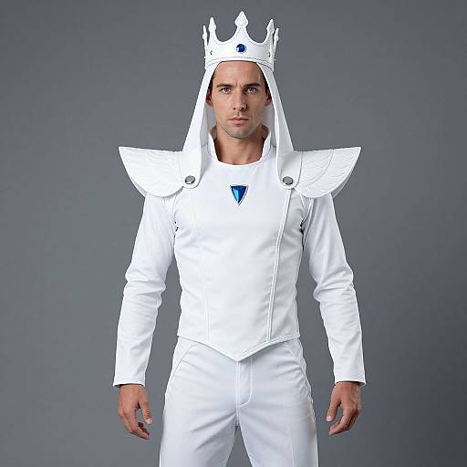 Photograph of a muscular man in white fantasy costume with crown, shoulder pads, and blue gem, standing against gray background.
