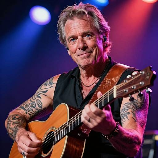 Photograph of a middle-aged, tattooed man with gray hair, playing an acoustic guitar on stage, illuminated by colorful stage lights.