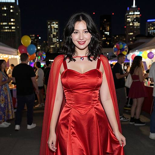Photograph of a smiling Asian woman with black hair in a red satin dress and sheer red cape, standing at a nighttime city market with colorful balloons and
