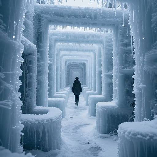 Photograph of a solitary figure walking through a glowing, icy tunnel with frozen icicles and blue-tinted ice structures, creating a surreal, eth