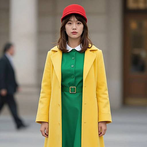 Woman in Yellow Coat and Green Dress with Red Hat