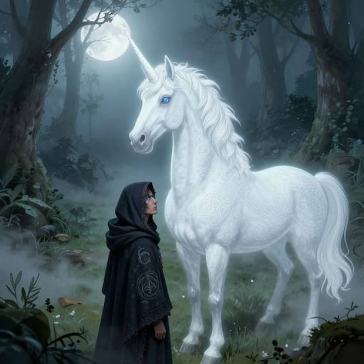 Digital fantasy artwork: A glowing white unicorn with a luminous horn stands in a misty forest under a full moon, beside a hooded figure in