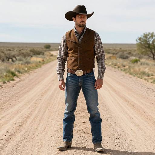 Photograph of a bearded man in a brown vest, plaid shirt, blue jeans, and black cowboy hat standing on a dusty road in a