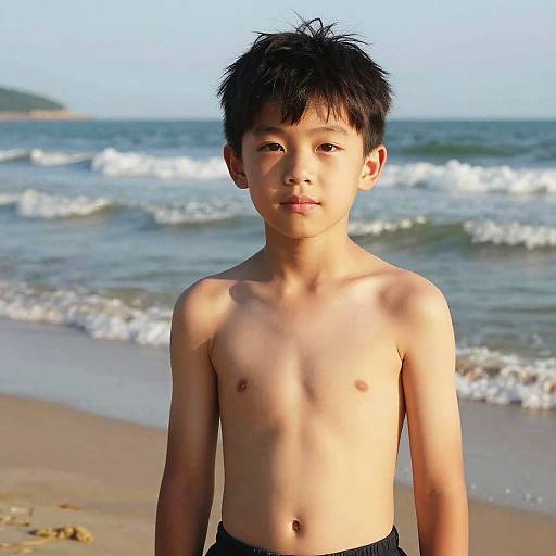 Photograph of a young Asian boy with short black hair, standing shirtless on a beach with waves in the background.