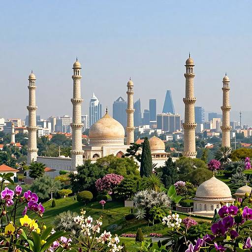 Photograph of a vibrant, sunlit mosque with four tall minarets and domes, surrounded by colorful flowers and greenery, with a modern