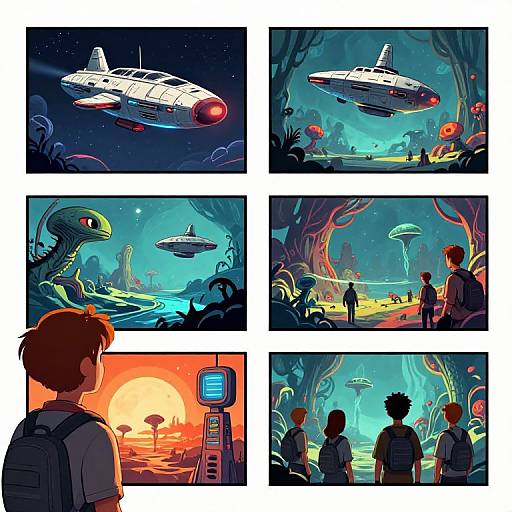 Comic-style digital art: UFOs in vibrant, alien landscapes; one boy with backpack watches; alien creature, glowing orbs, sunset, futuristic device.