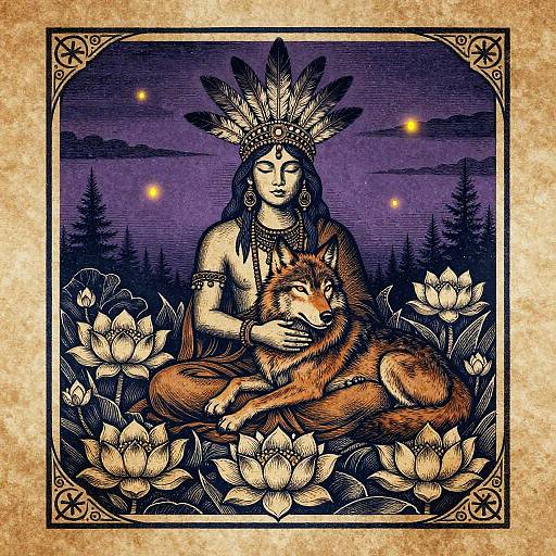 Mystical Shaman Embracing Wolf