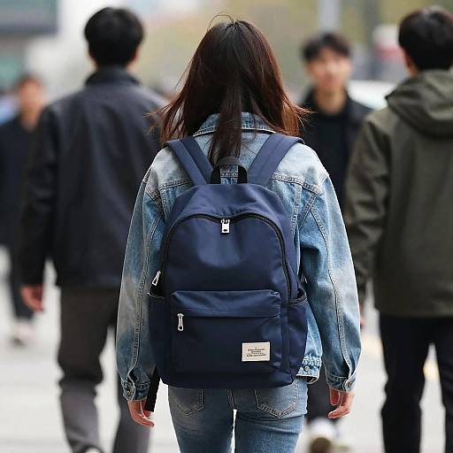 Woman with Blue Backpack Walking Outdoors