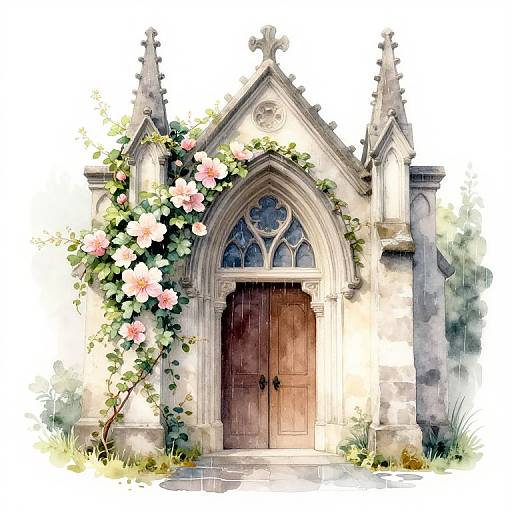 Watercolor Gothic Church Entrance with Spring Flowers