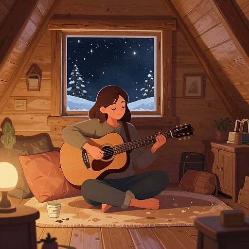 Digital illustration of a young woman with short brown hair, barefoot, playing an acoustic guitar by a wooden cabin window at night. Warm, cozy,