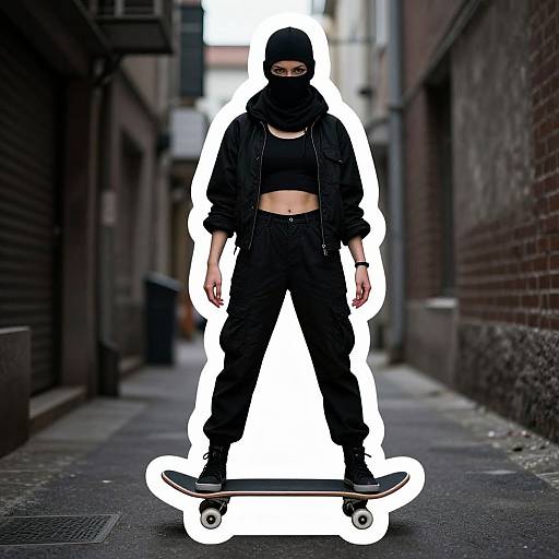 Photograph of a masked woman in black crop top, jacket, and pants, skateboarding in a narrow urban alley with white silhouette outline.