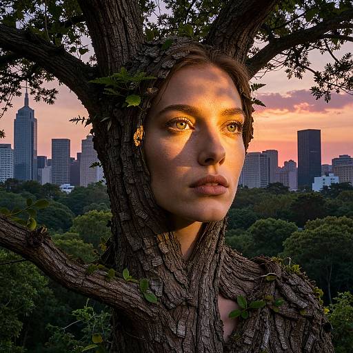 Photograph of a woman with fair skin and brown hair, blending into a tree trunk at sunset, city skyline in background.