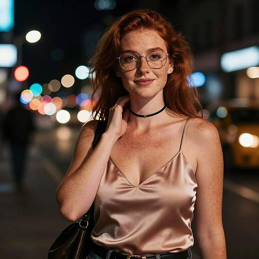Photograph of a freckled redhead woman with glasses, wearing a silky pink camisole and black choker, standing on a nighttime city street