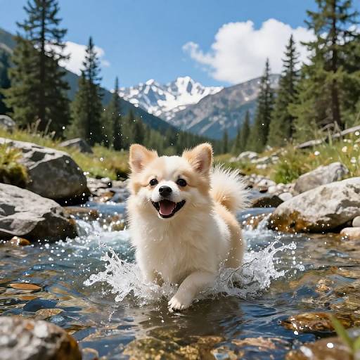 Photograph of a fluffy, cream-colored Pomeranian dog joyfully splashing through a clear, rocky stream with snow-capped mountains and pine trees