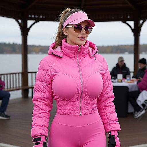 Photograph of a fit woman with brown hair in a pink puffer jacket, matching pink leggings, and pink visor, standing on a wooden pier