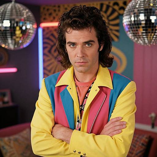 Photograph of a man with curly brown hair, wearing a vibrant yellow, blue, and pink jacket, standing with arms crossed, in a retro-st