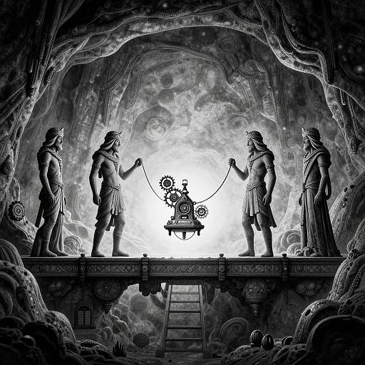 Black-and-white digital illustration of two ancient warriors in a cavern, each holding a chain connected to a clockwork device. A ladder and mystical swirls
