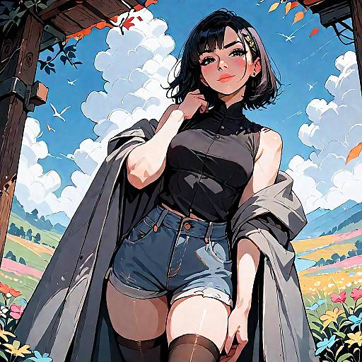 Smug Anime Girl in Mountain Field