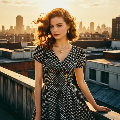 Fashion Model with Retro Waves on Urban Rooftop