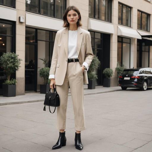 Stylish Woman in Beige Blazer and Black Accessories