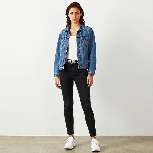 Photograph of a young woman with straight dark hair, wearing a blue denim jacket, white tee, black skinny jeans, and white sneakers, standing against