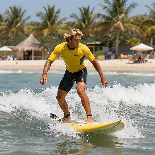 Photograph of a blonde, muscular male surfer in a yellow shirt and black shorts, riding a yellow surfboard through ocean waves, with a tropical