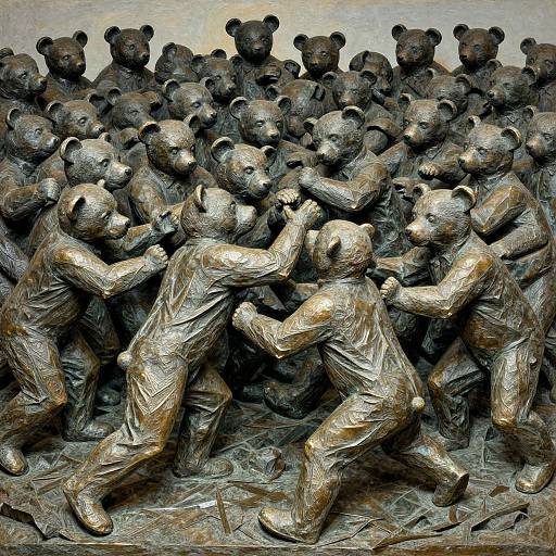 Bronze sculpture depicting a group of bear-shaped figures in dynamic motion, with three bears in the foreground pushing against a dense crowd in the background.