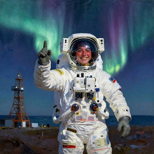 Blushing Astronaut Beneath Aurora Glow