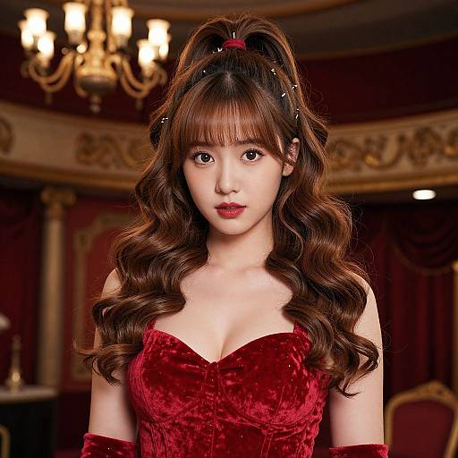Photograph of an Asian woman with long, wavy brown hair in a red velvet, strapless gown, standing in an ornate, dimly