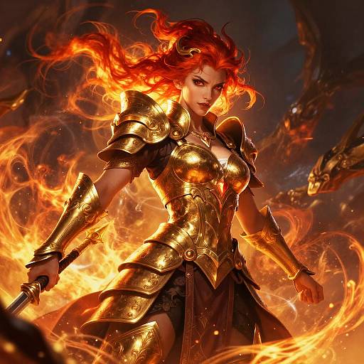Digital art of a fierce, red-haired warrior woman in golden armor, flames surrounding her, gripping a sword, intense expression, dark background.