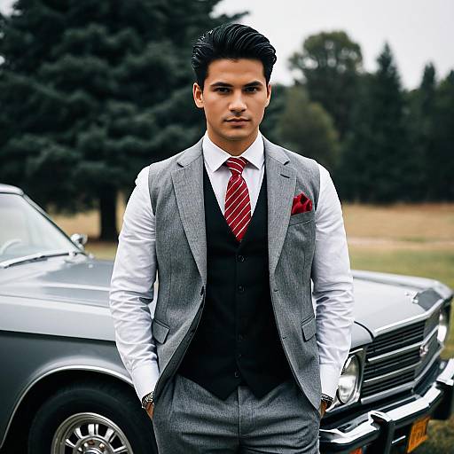 Young Man in Grey Suit with Classic Car