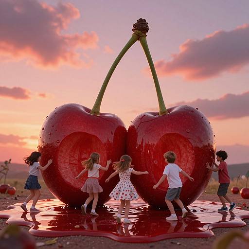 Photograph of five children dancing around giant, red, cherry sculpture with green stems at sunset, reflecting on wet ground.