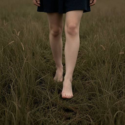 Photograph of pale-skinned, barefoot woman walking through tall, brown grass, wearing a black skirt, with focus on her legs.