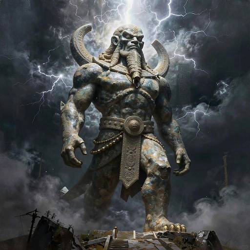 Digital artwork of a colossal, muscular, horned deity with a trident-like horn, standing amidst thunderous lightning and dark clouds, towering over a