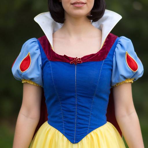 Photograph of a woman with fair skin wearing a blue and yellow Snow White costume with puffed sleeves, white collar, and red accents, standing against