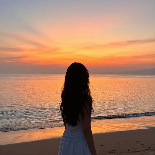 Photograph of a silhouetted woman with long, wavy hair in a white dress, standing on a beach at sunset, watching an orange