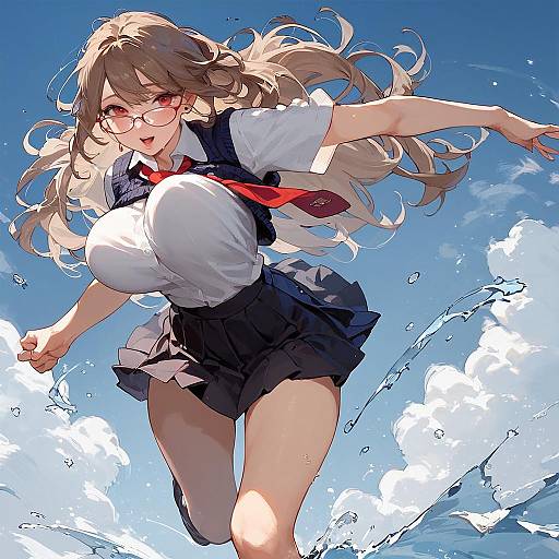 Anime Schoolgirl Running Under Blue Sky