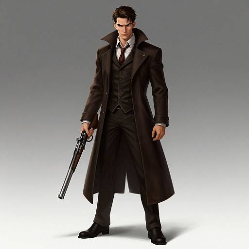 Digital illustration of a stern, dark-haired man in a black Victorian-style suit, long coat, white shirt, black tie, holding a revolver. Gray