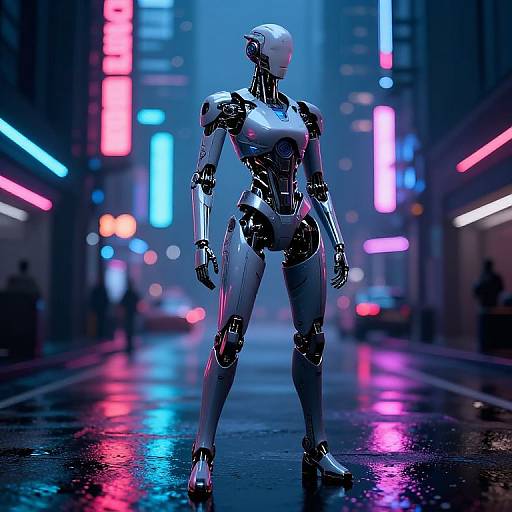 Photorealistic CGI of a sleek, silver humanoid robot standing in a neon-lit, rain-soaked urban street at night.