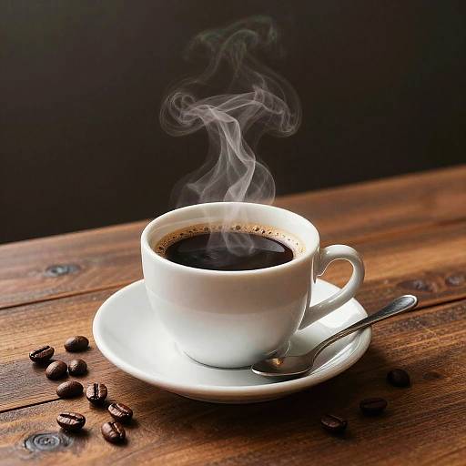 Steaming Black Coffee Cup on Wooden Table