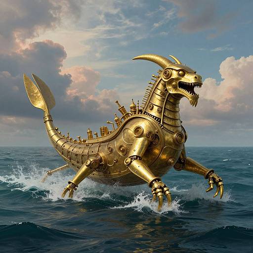 Digital illustration of a golden, robotic sea dragon with spiked back, sharp teeth, and claws, splashing through ocean waves under a cloudy sky.