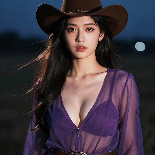 Portrait of Woman in Purple Sheer Dress and Cowboy Hat