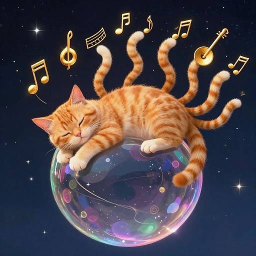 Digital illustration of an orange tabby cat with closed eyes, sleeping on a glowing, multicolored orb, surrounded by floating musical notes against a star