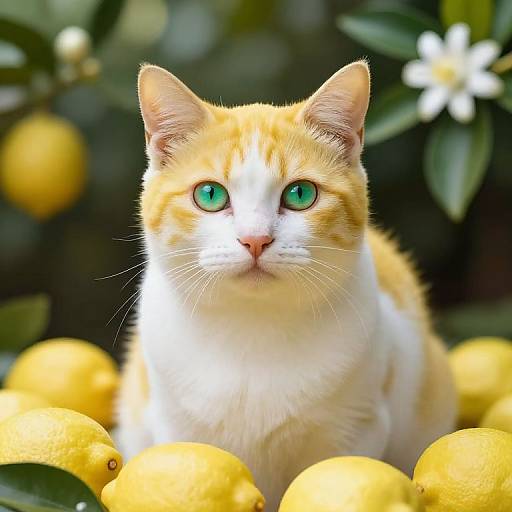 Photograph of a white and orange tabby cat with bright green eyes, surrounded by yellow lemons, with blurred lemon leaves and a white flower in