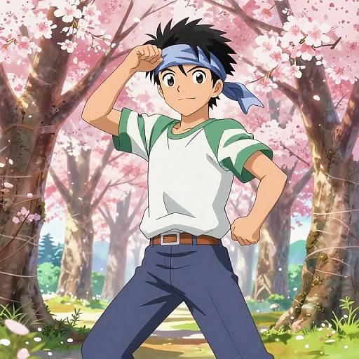 Anime-style drawing of a black-haired boy in a white shirt and blue pants, standing confidently in a cherry blossom forest.