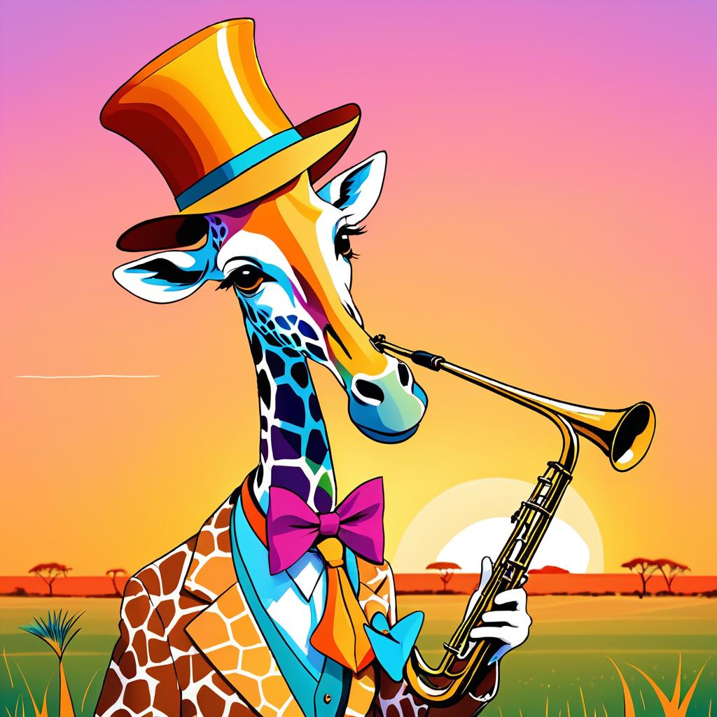 Giraffe Playing Trumpet at Sunset