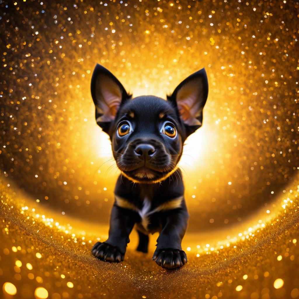 Curious Black Puppy with Sparkling Background