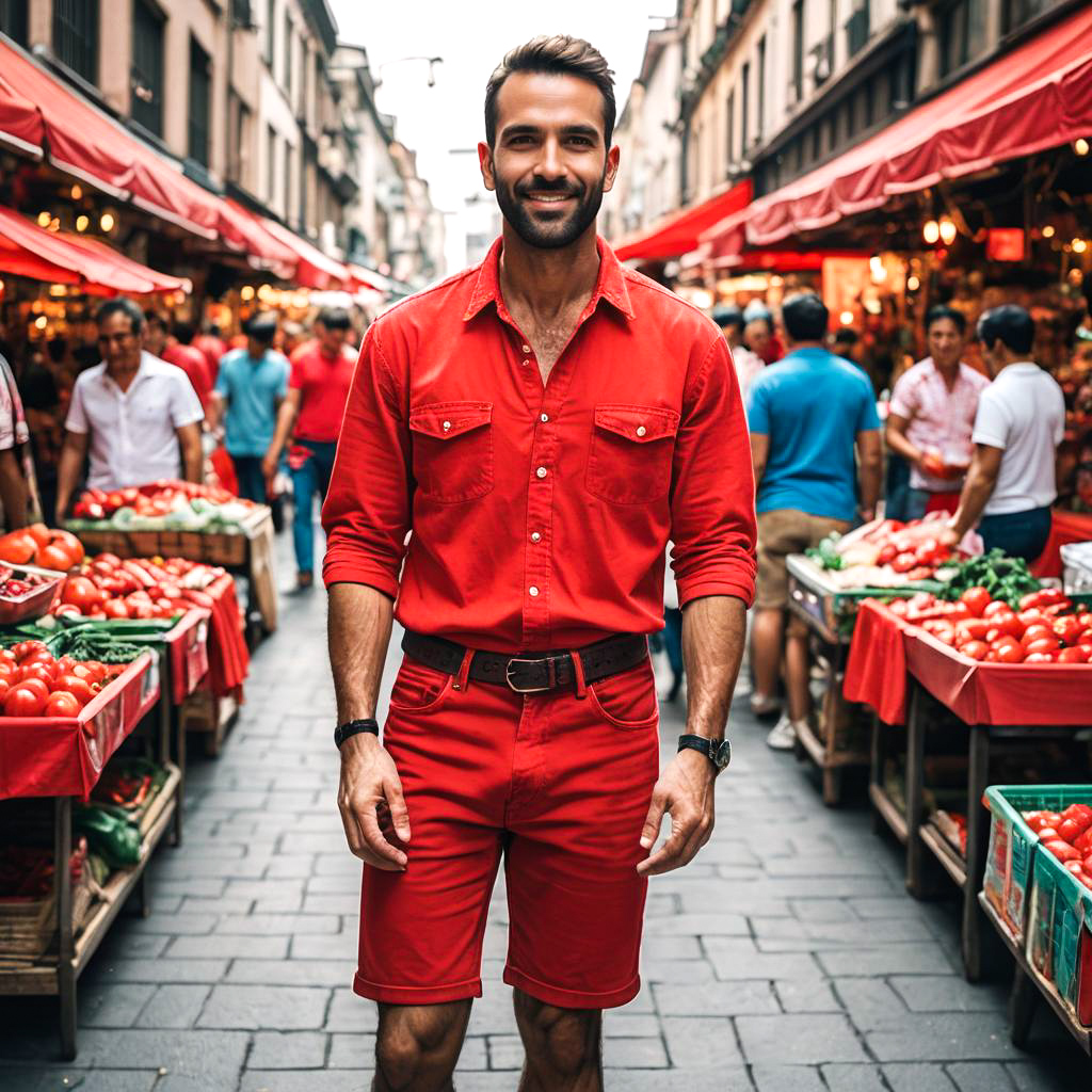 Athletic Man in Bright Red Denim Skirt